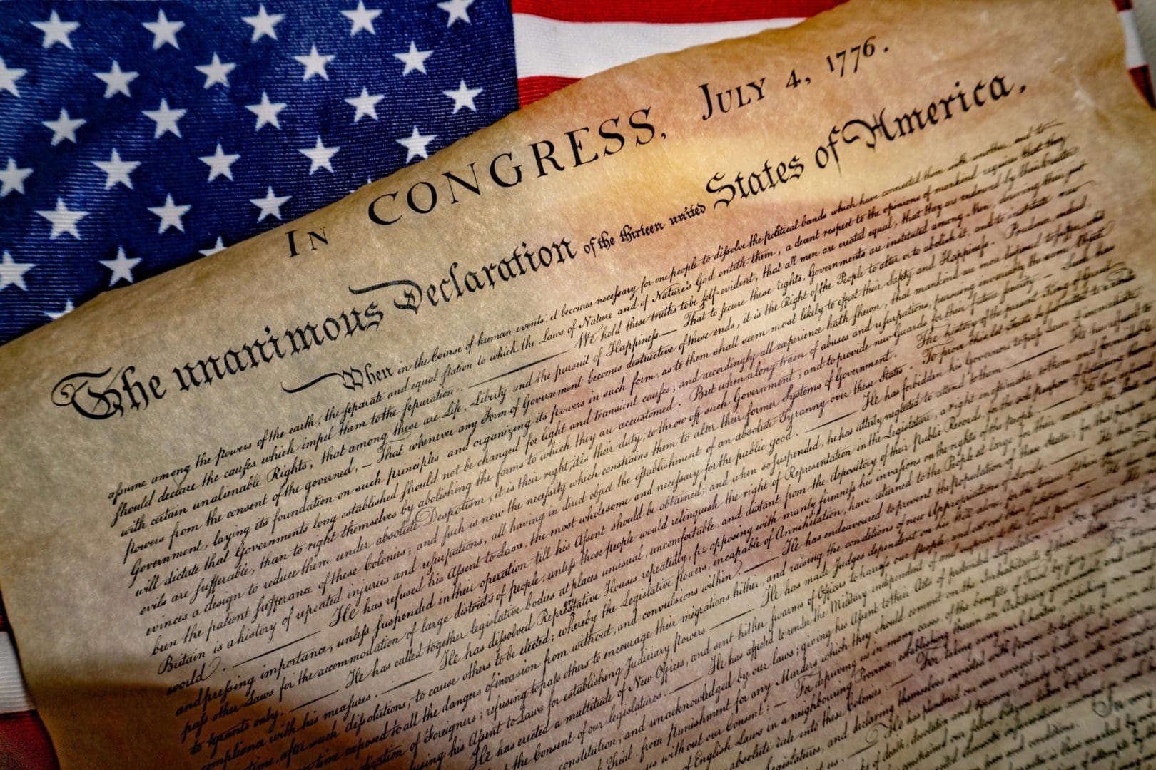 American Declaration of independence 4th july 1776 on usa flag background